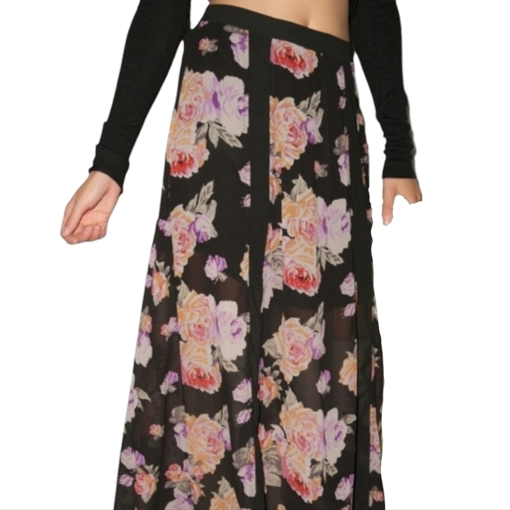 MinkPink Whimsigoth Black Sheer Multicolour Floral Half Lined Maxi Skirt small